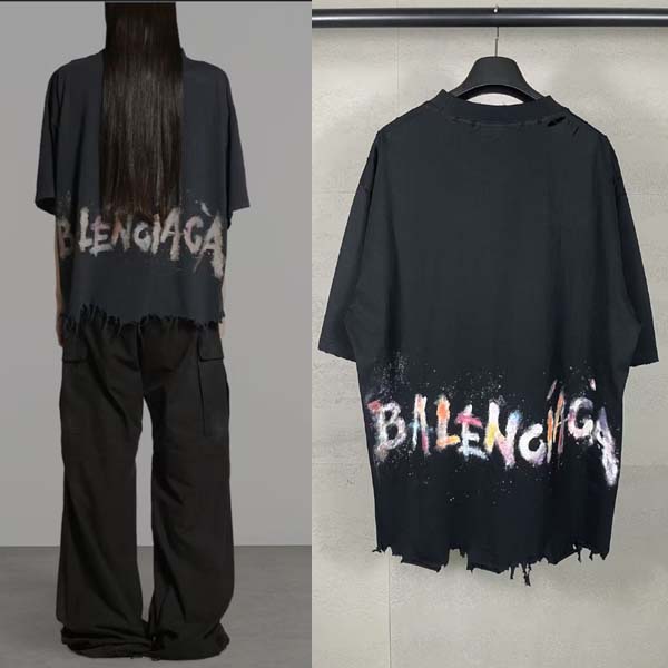 25년 발렌시아가 Distressed 그래피티 로고 반팔 티셔츠 0424