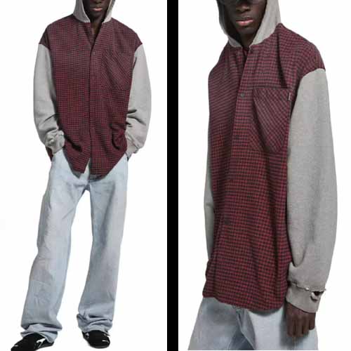 25년 발렌시아가 레드체크 플란넬 및 그레이 드라이 후디드 하이브리드 셔츠 1124