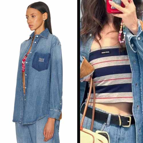 25년 미우미우 포켓패치 로고  페이크 데님셔츠